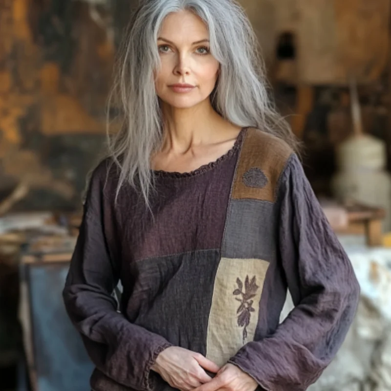 Women's Floral Patchwork Cotton And Linen T-shirt