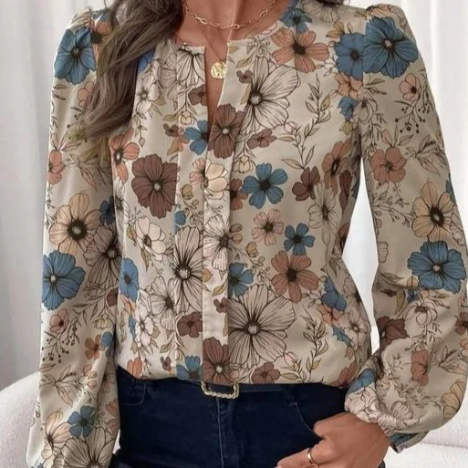 Women's Floral Print Notched Collar Shirt Elegant