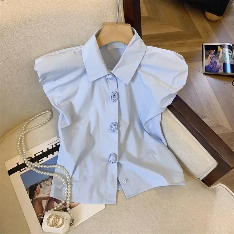 Women's French Puff Sleeve Blouse - Blue, Acetate Fiber, Everyday Wear