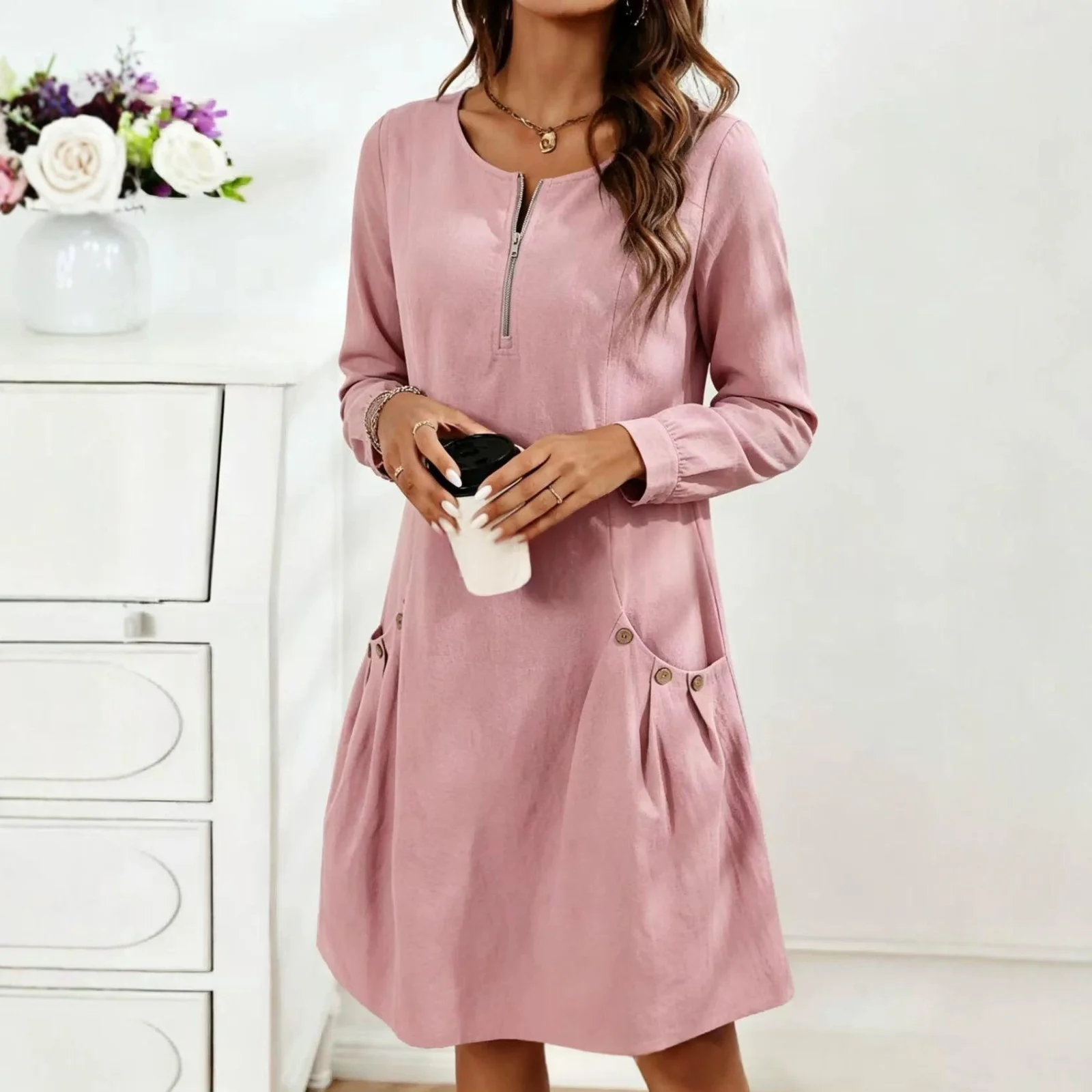 Womens Half-zip Crew-neck Long-sleeve Button-down Dress