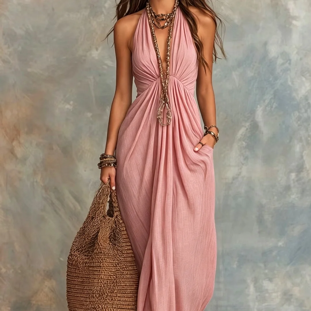 Womens Halter-neck Solid-color Elegant Fashion Dress