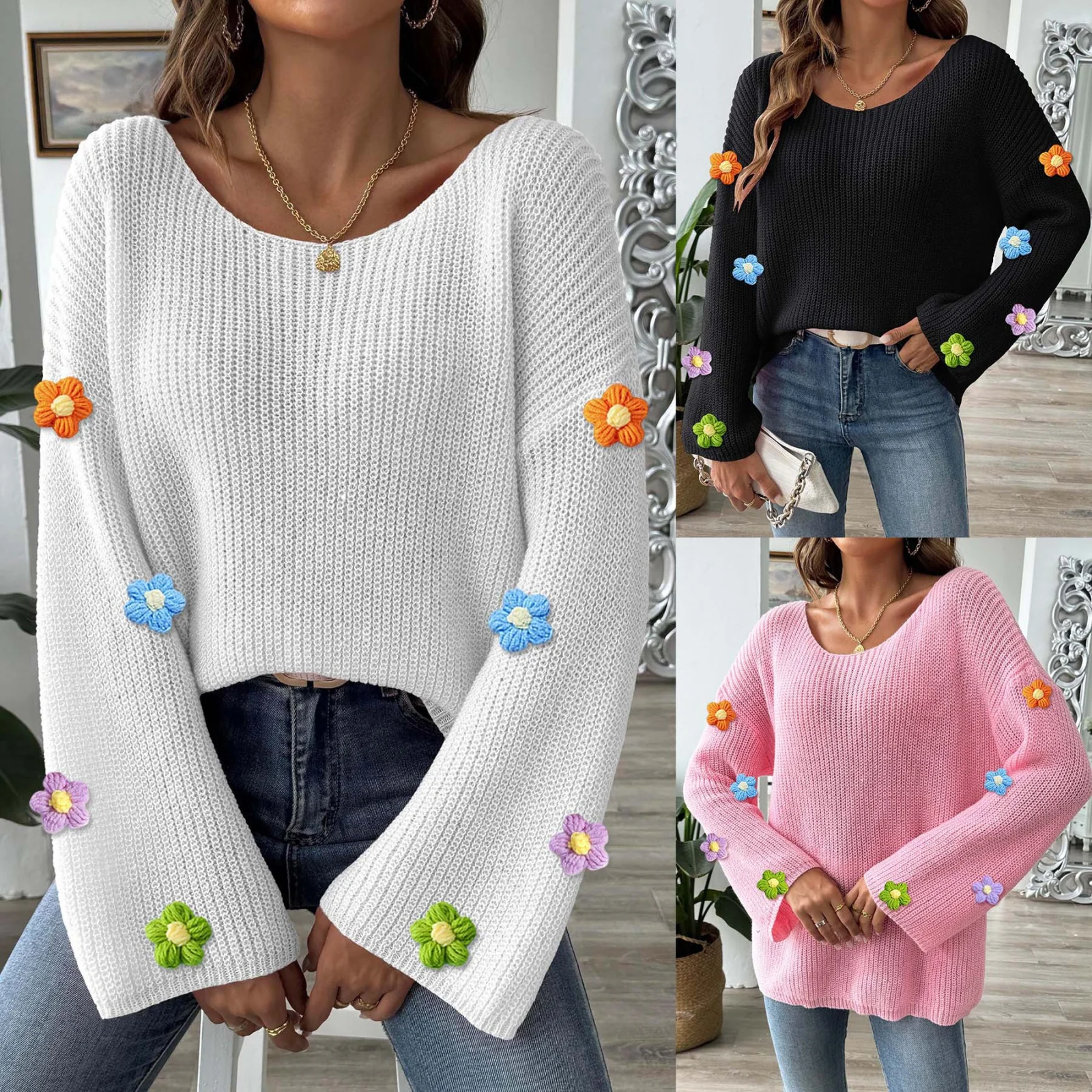 Womens Hand-crocheted Floral Patchwork Flare-sleeve Sweater