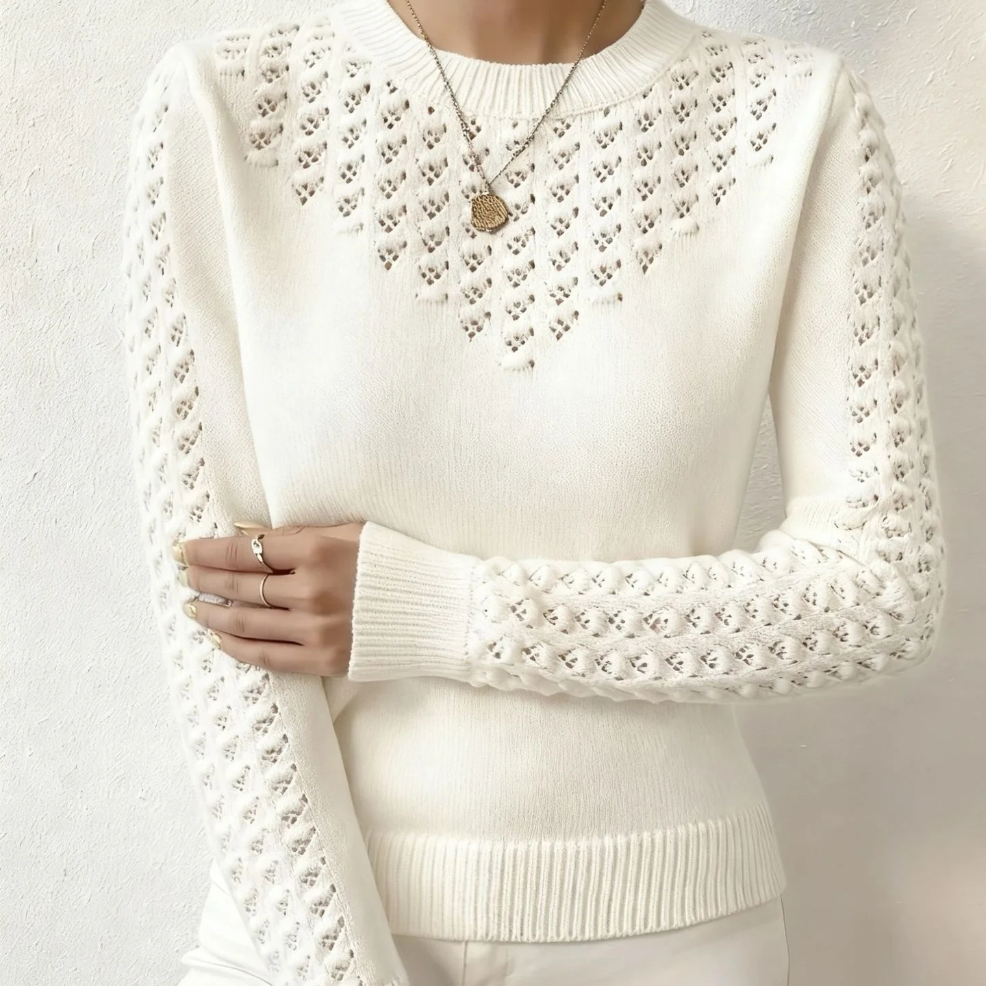 Womens Hollow-out Knitted Sweater with a Crew Neck and Long Sleeves, Slim-fit Design