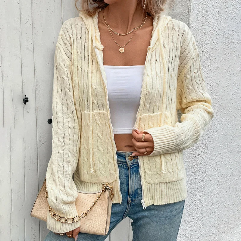 Women's Hooded Twisted Solid Color Sweater Cardigan