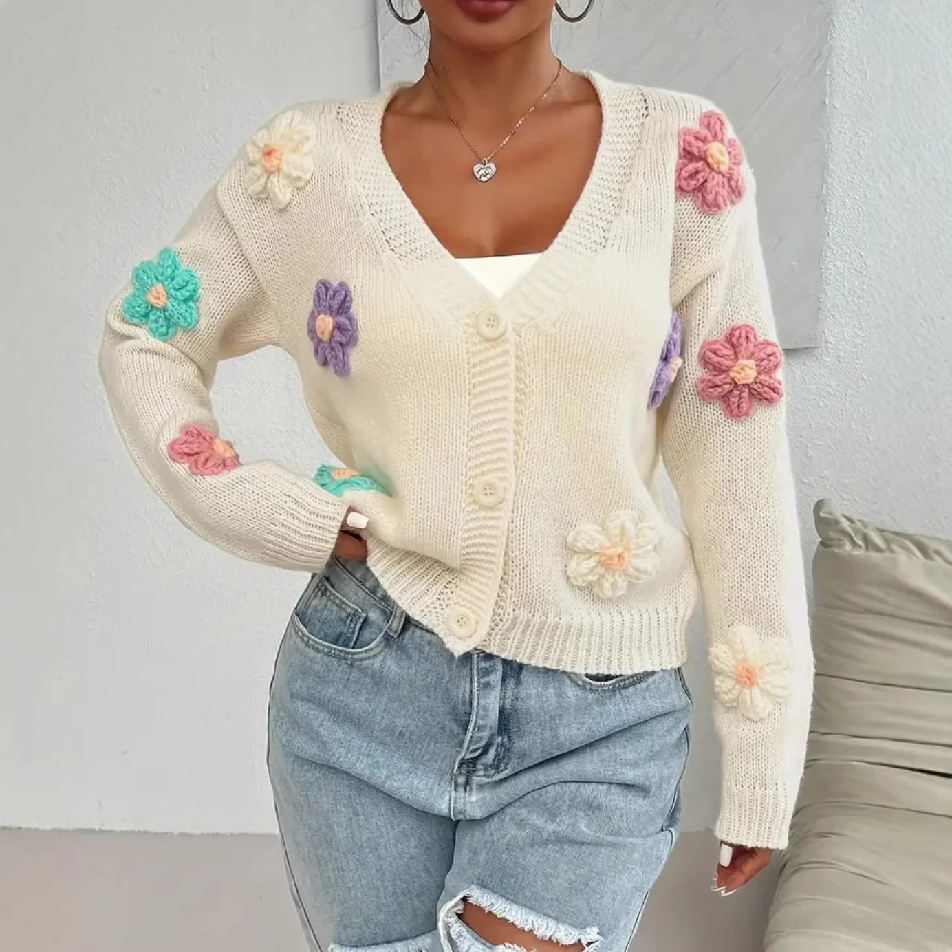 Womens Knitted Cardigan with Three-dimensional Floral Pattern and Hand-embroidered Flowers