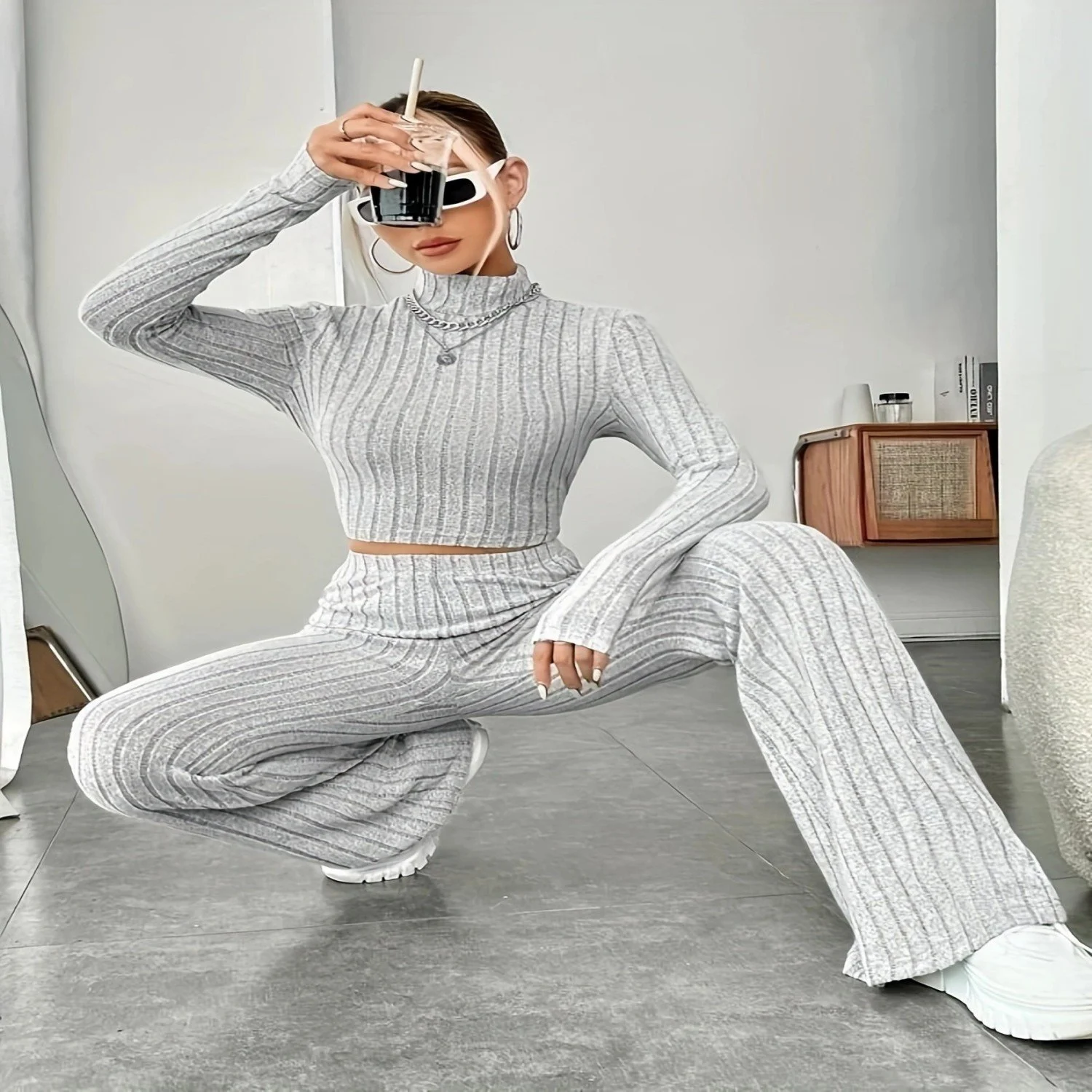 Women's Long-Sleeved Knitwear Suit Set