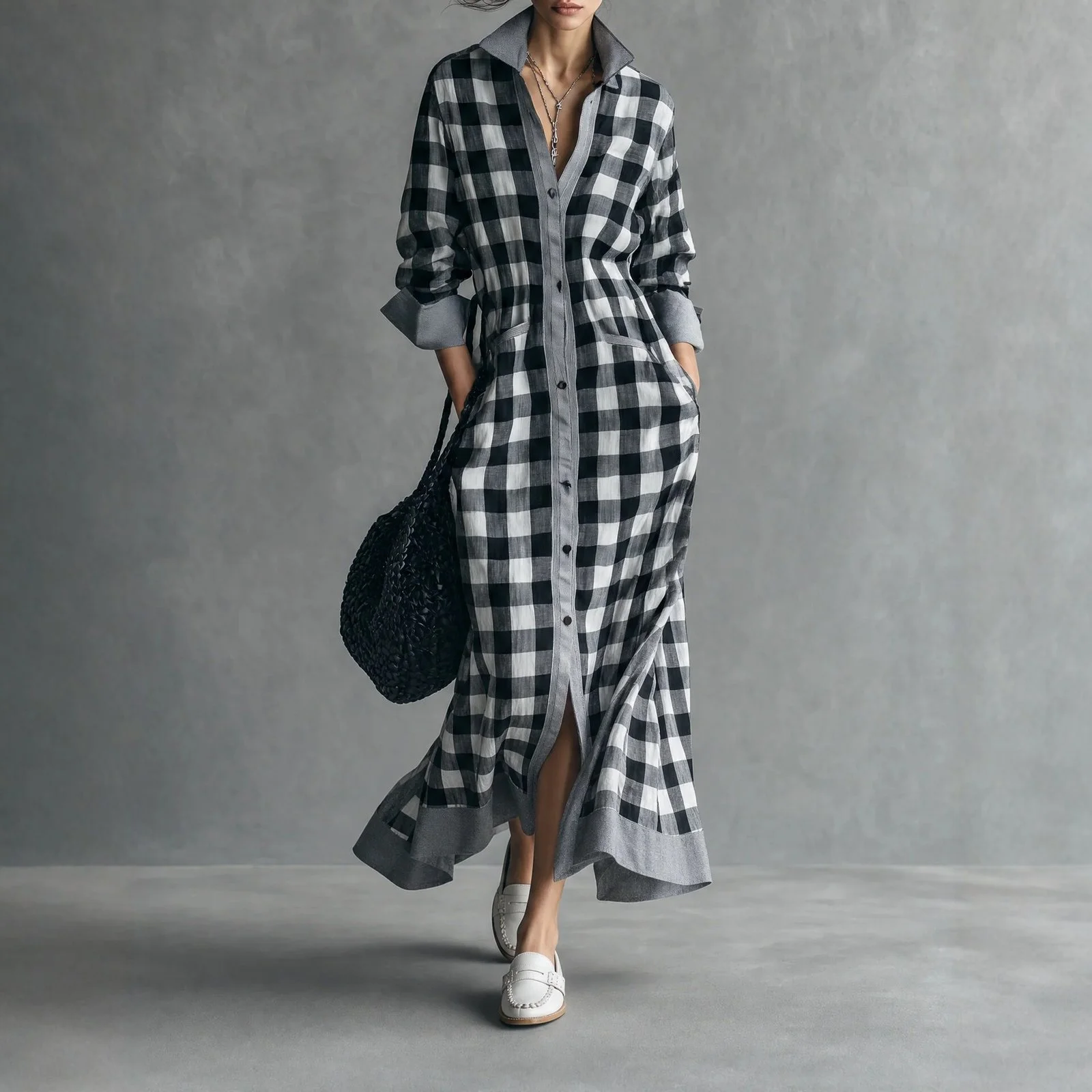 Womens Long-sleeved Loose-fit Plaid Shirt Dress