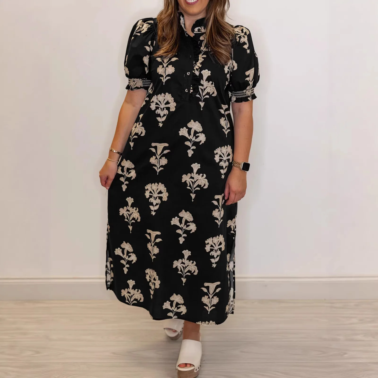 Womens Loose-fitting Black Floral-print Maxi Dress
