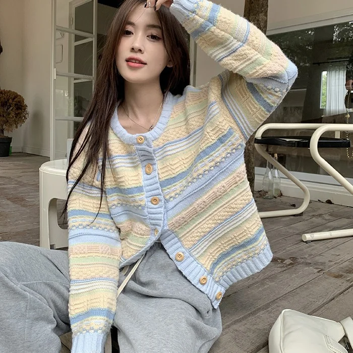Women's Loose Striped All-matching Knitted Sweater Cardigan Coat
