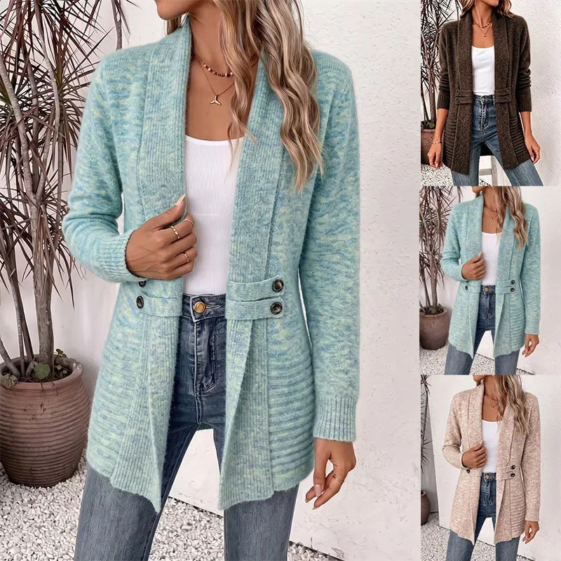 Womens Mid-length Cardigan Sweater with Double-breasted Detailing and Decorative Belt
