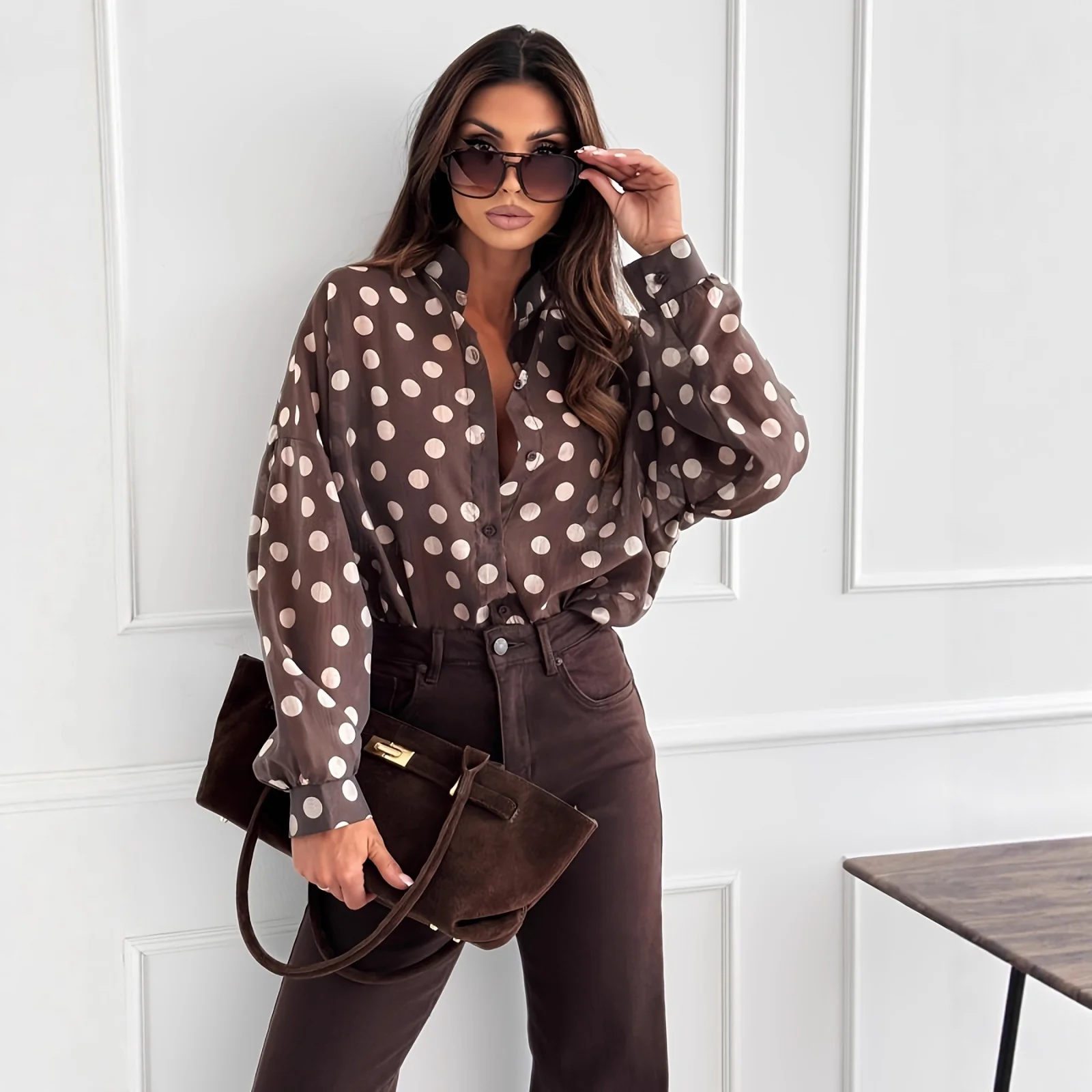 Womens Minimalist Long-Sleeve Polka-Dot Waist-Cinching Office-Ready Shirt