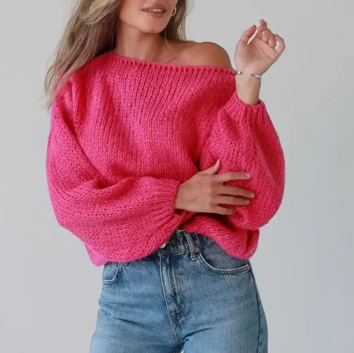 Women's Off-shoulder Solid Color Loose Knitted Pullover Sweater