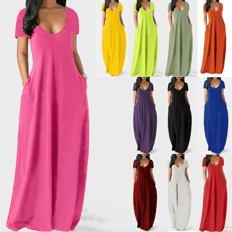 Women's Plus Size Casual V-neck Short Sleeve Maxi Dress with Pockets Loose Fit Solid Color Long Dresses for Su