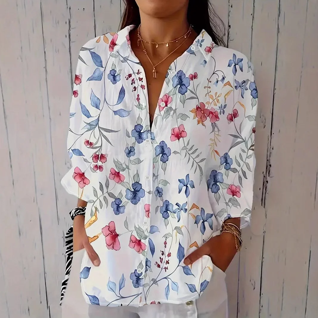 Women's Plus Size Vintage Print Long Sleeve Lapel Shirt