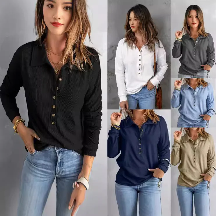 Women's Polo Collar Long Sleeve Henley Shirts,casual Ribbed Textured Half Button Solid Color Blouse Tops