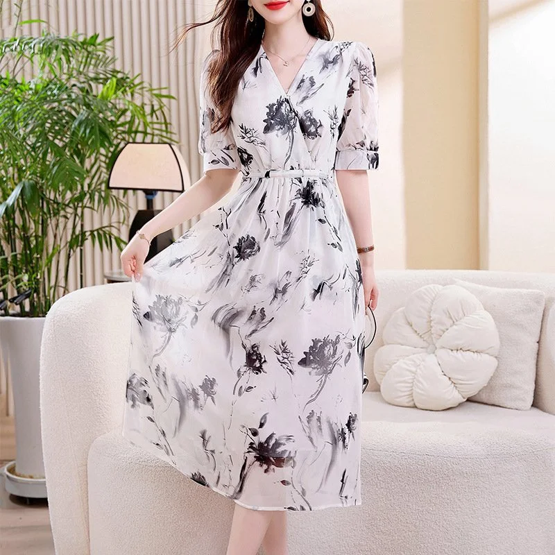Women's Printed Silk A-Line Lace-Up Dress