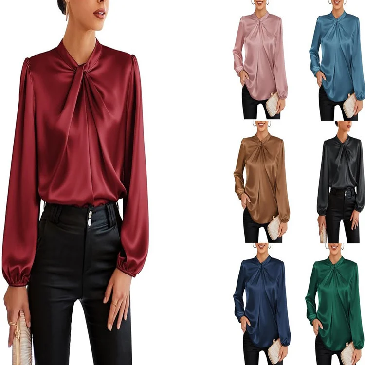 Womens Professional Office Lady Satin Blouse With A Stylish