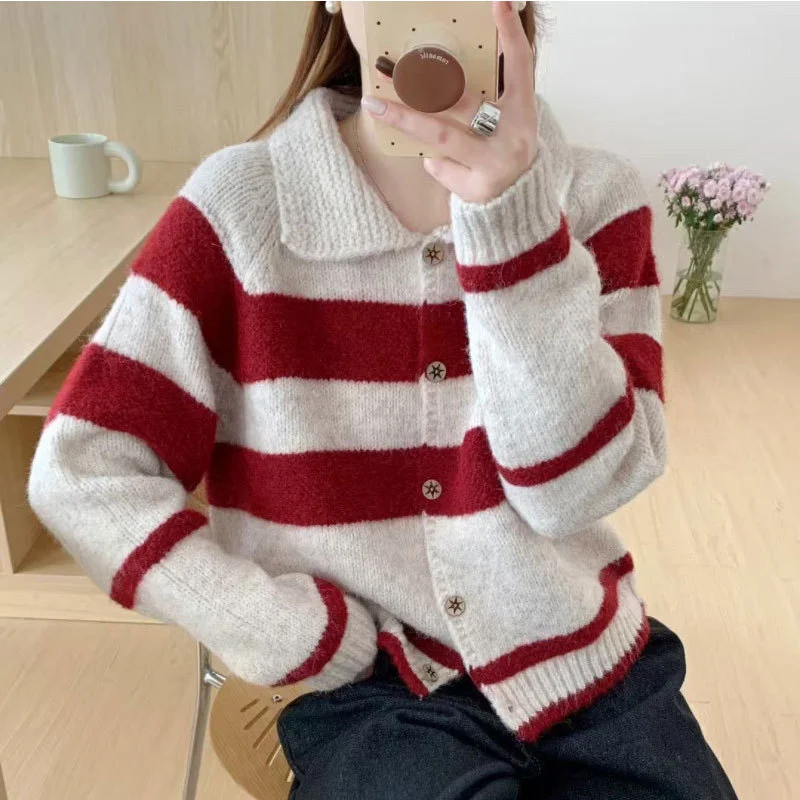 Women's Retro Contrast Color Striped Lapel Sweater Cardigan Coat