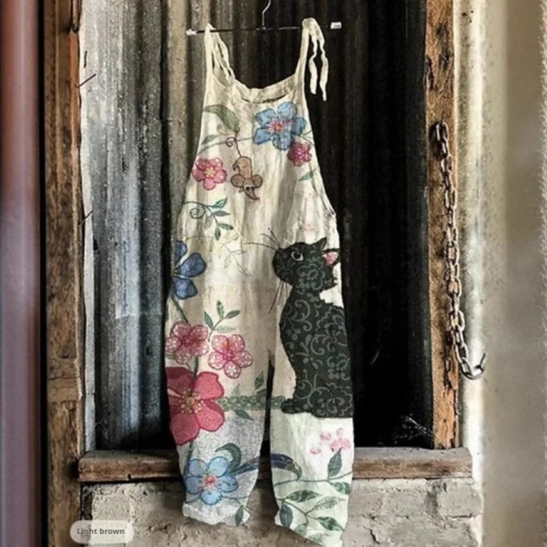 Women's Retro Floral Print Sleeveless Suspender Jumpsuit