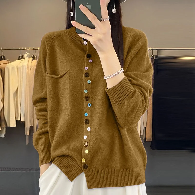 Women's Round Neck Knitted Cardigan with Color Buckle Inner Wear Blouse