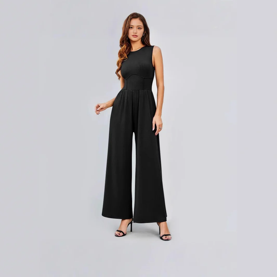 Womens Round-neck Solid-color Sleeveless Slim-fit Long Casual Jumpsuit