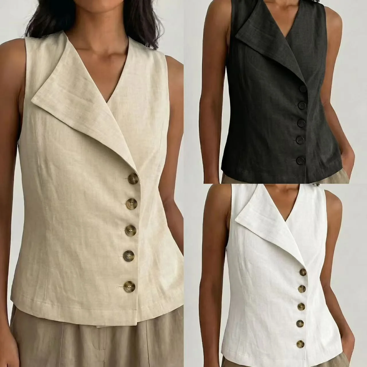 Womens Sleeveless Button-Down Vest V-Neck Solid-Color Shirt