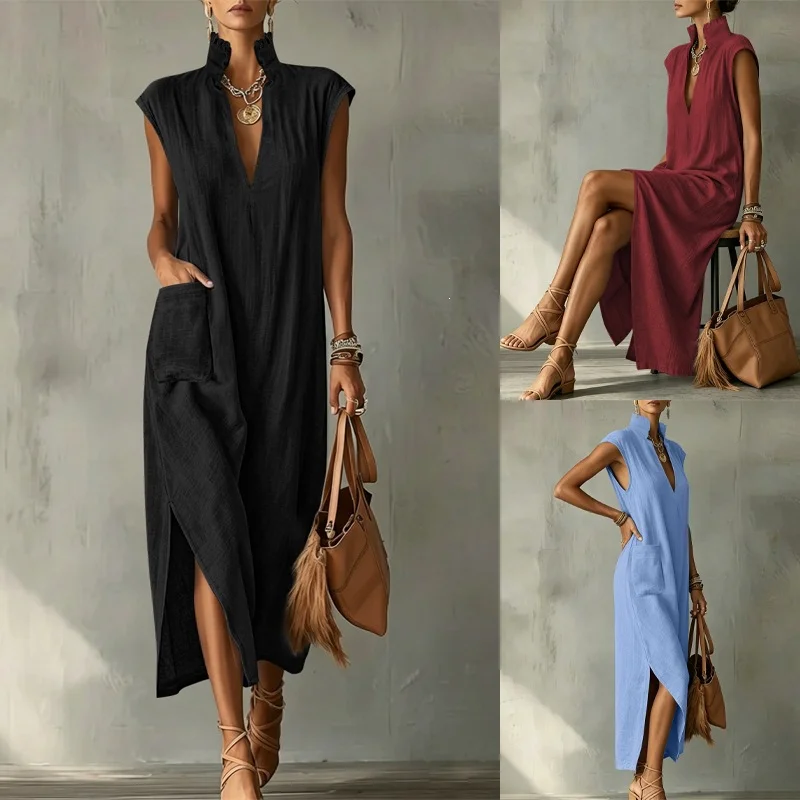 Women's Sleeveless Stand Collar V-neck Pocket Split Midi Dress Casual Maxi Dress for Summer