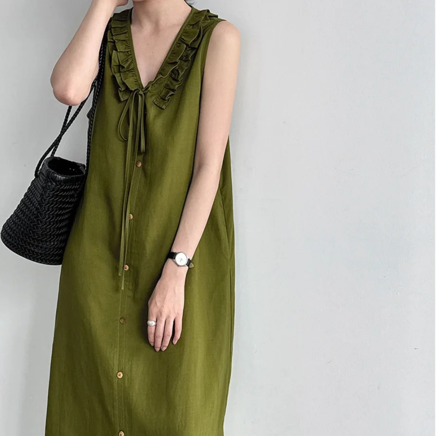 Womens Sleeveless V-neck Dress with Ruffle Trim