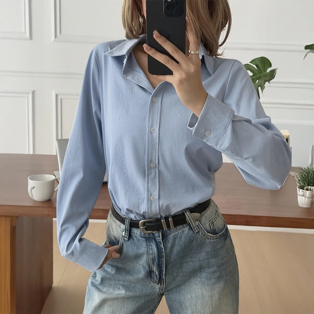 Women's Solid Color Casual Button Long Sleeve Cardigan Shirt