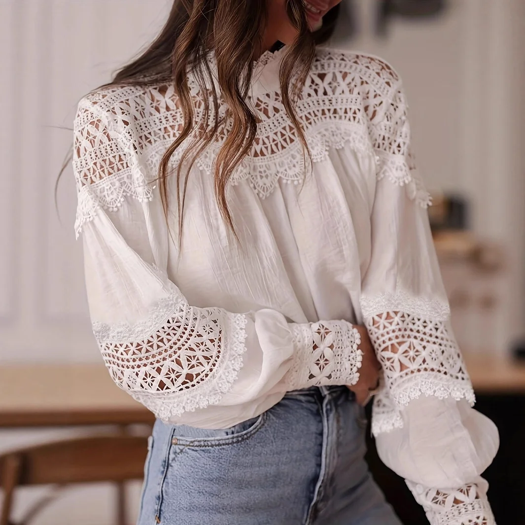Womens Solid-Color Crochet Hollowed-Out Flare-Sleeve Shirt