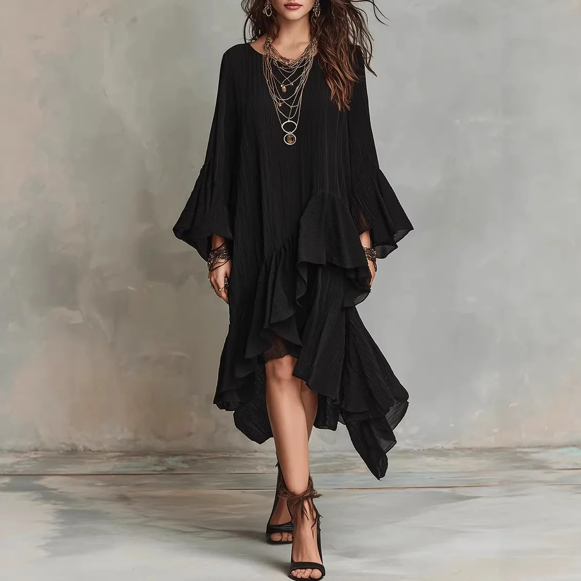 Womens Solid-color Elegant Asymmetrical Ruffled Dress