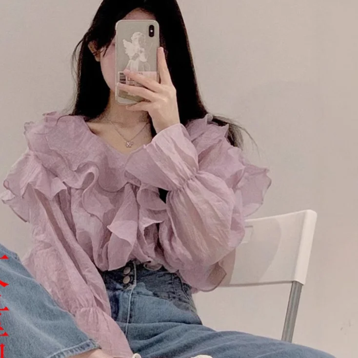 Womens Solid-Color Irregular Chiffon Long-Sleeve Shirt