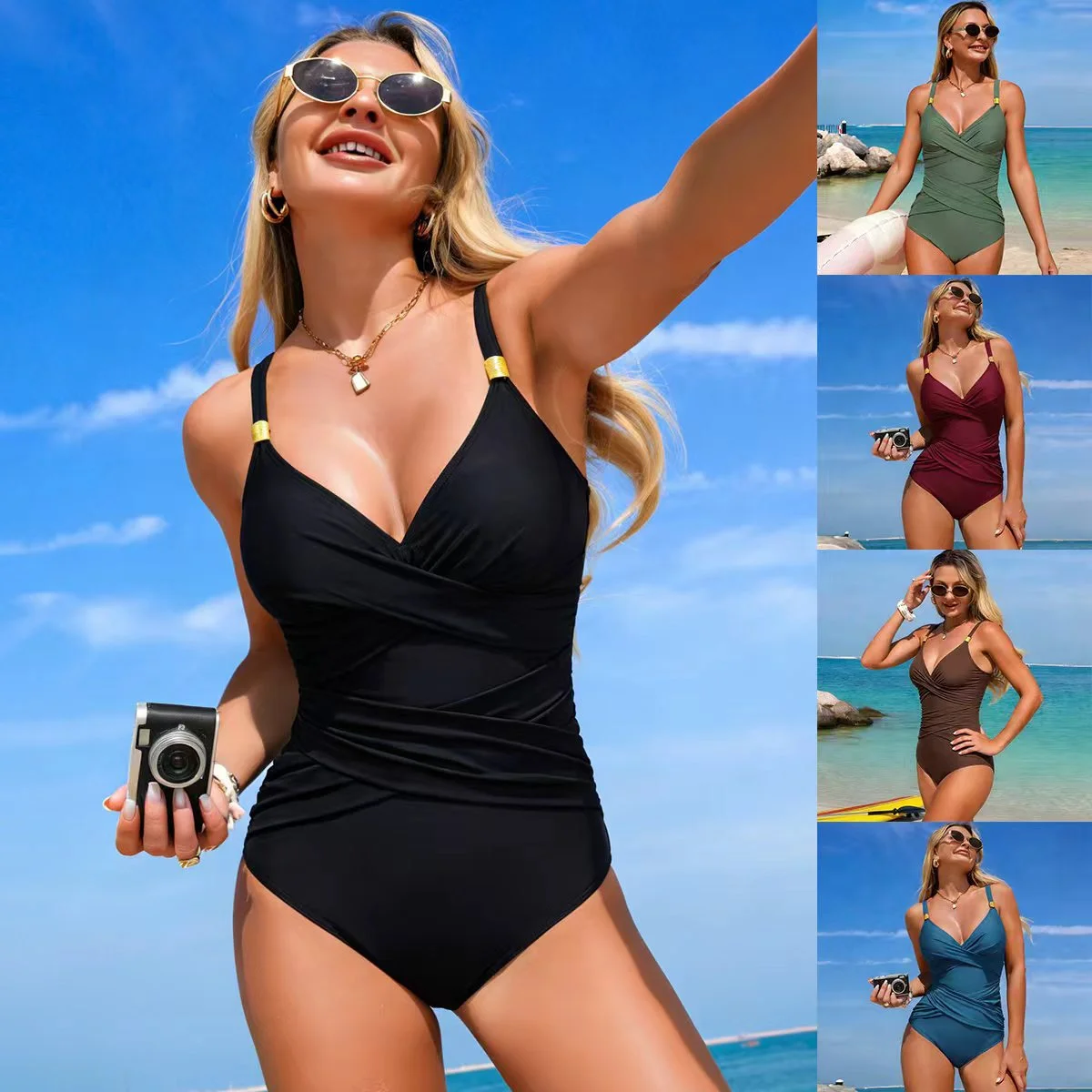 Women's Solid Color Slim-Fit Sports Bikini One-Piece Swimsuit
