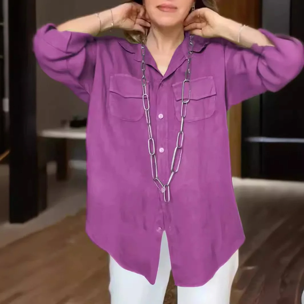 Women's Solid Long-Sleeve Pocket Shirt