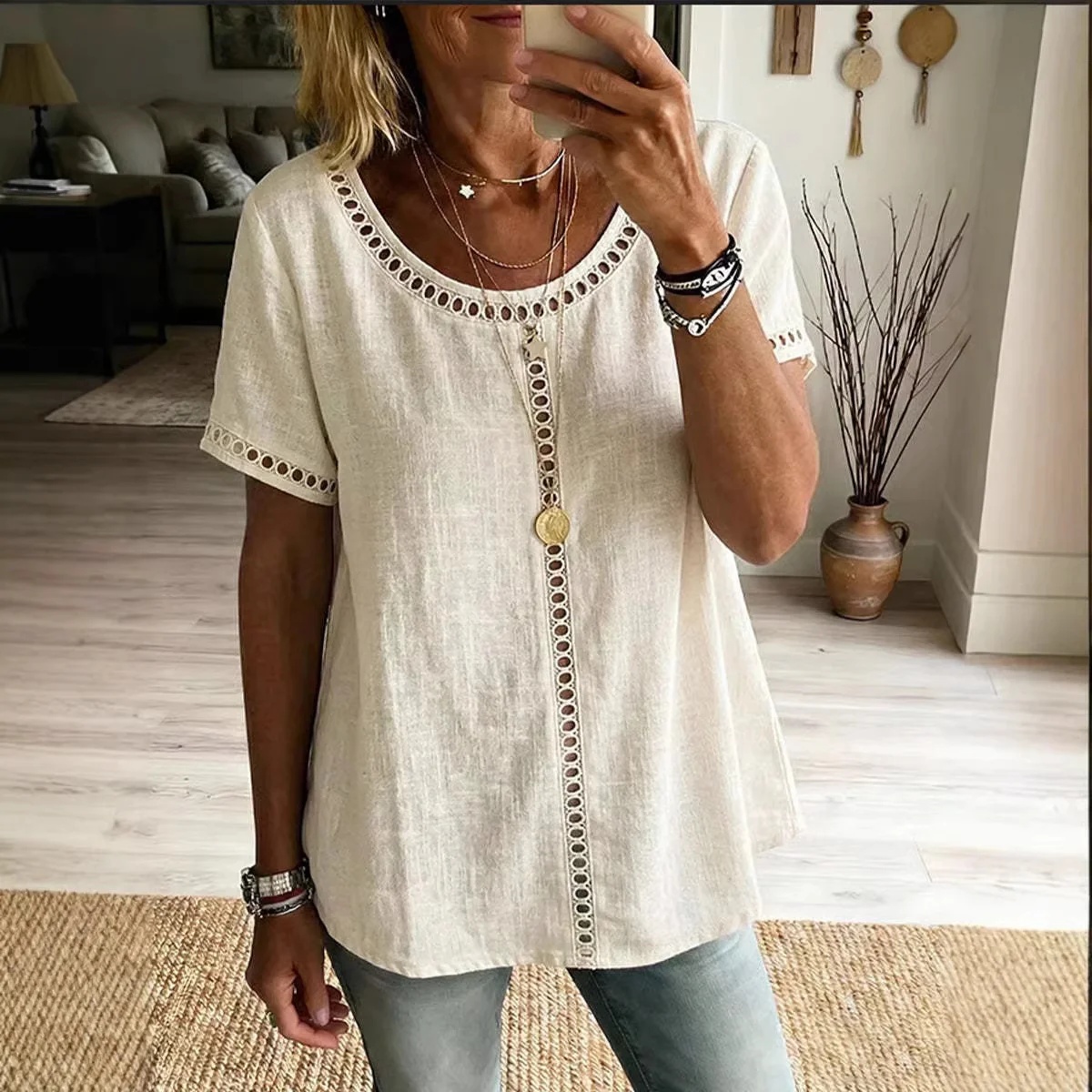 Women's Spring Summer Comfortable Casual Patchwork Hollowed-Out Trim Top T-Shirt