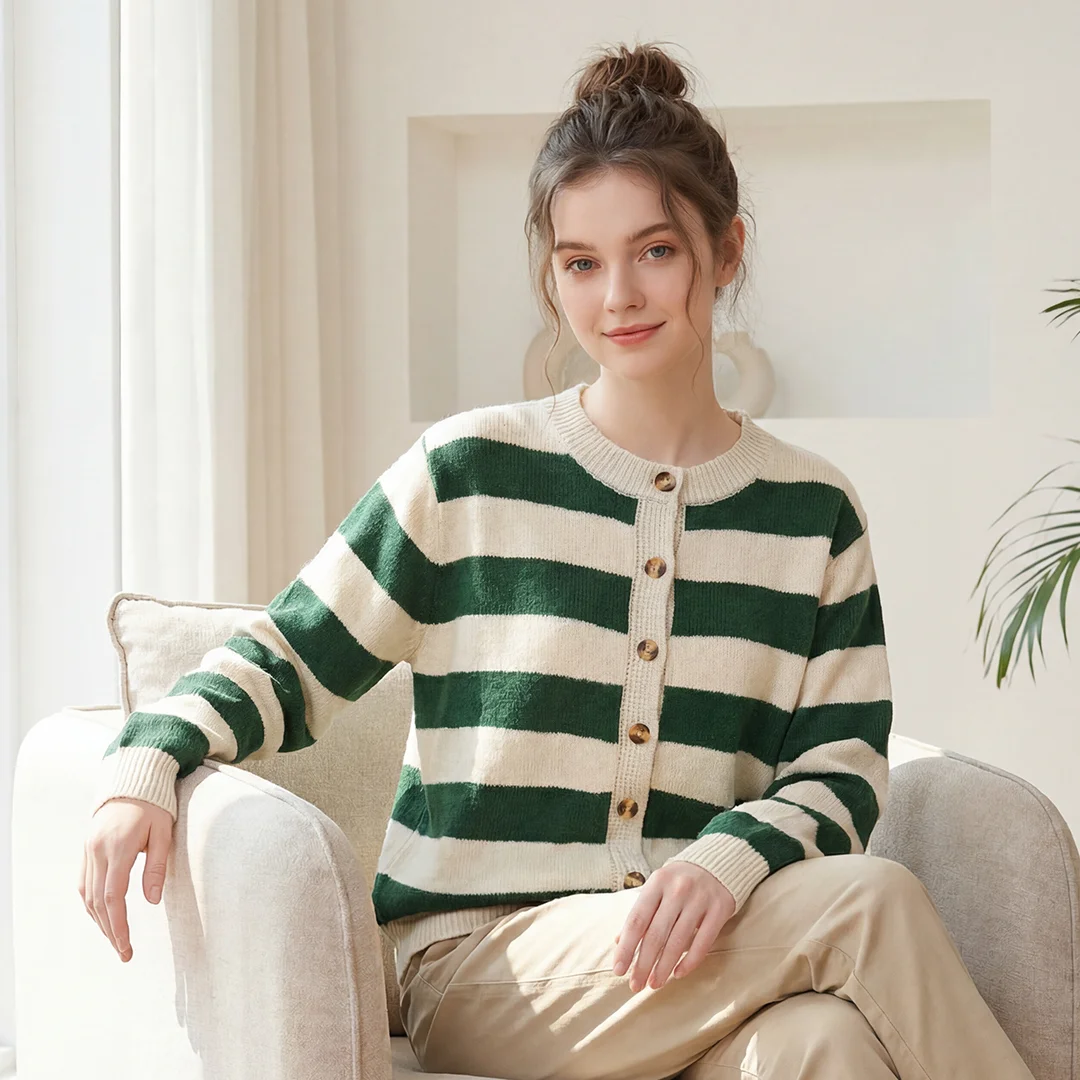 Women's Striped Knit Cardigan Green White Crewneck Button Up Sweater Casual Long Sleeve Knitwear
