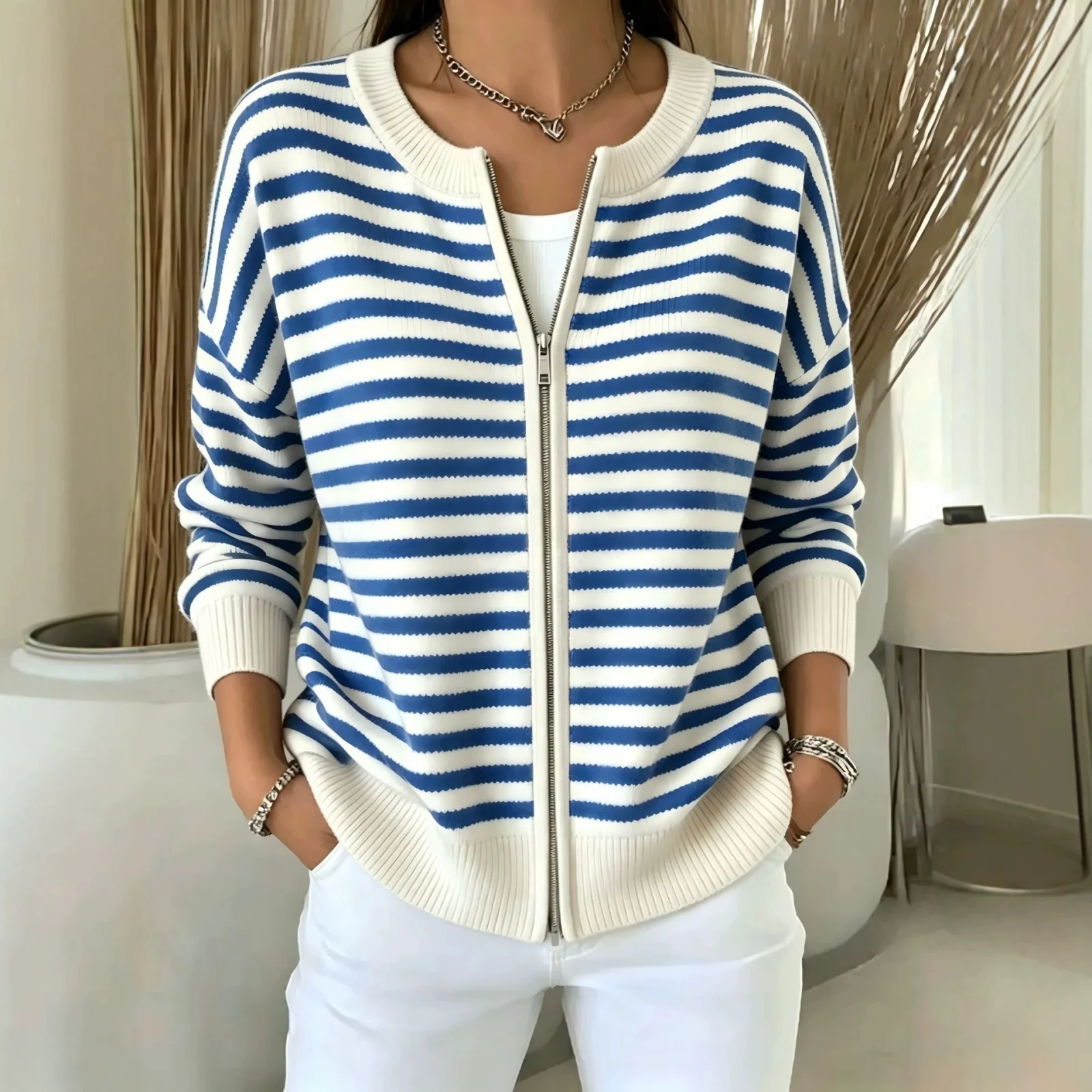 Womens Striped Knitted Cardigan with Zipper