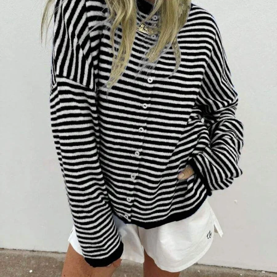 Womens Striped Long-sleeve Pullover Sweater Top