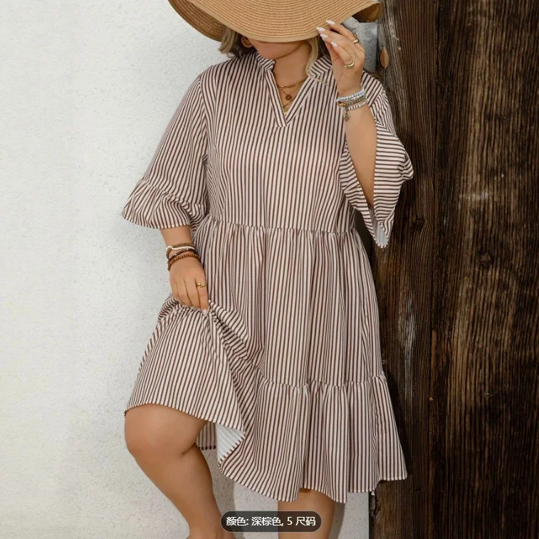 Womens Striped V-neck Bell-sleeve Casual Elegant Dress