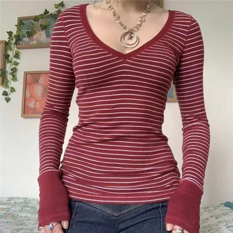 Women's Striped V-Neck Long Sleeve Casual Top