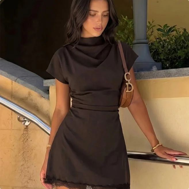 Womens Stylish and Elegant Lace Dress with a Stand-up Collar