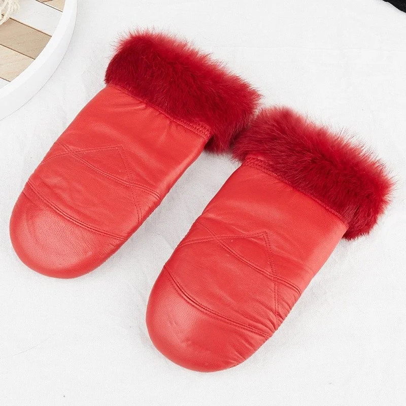 Women's Thick Winter Leather Mittens Cycling Gloves
