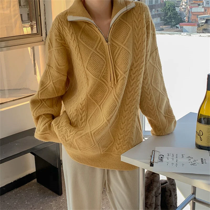 Womens Turtleneck Half-zip Diamond-pattern Pullover Sweater