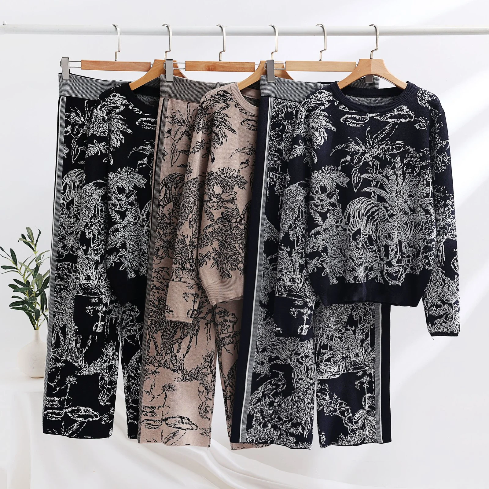 Women's Two-piece Knit Set - Pullover Sweater & High Waist Wide Leg Top