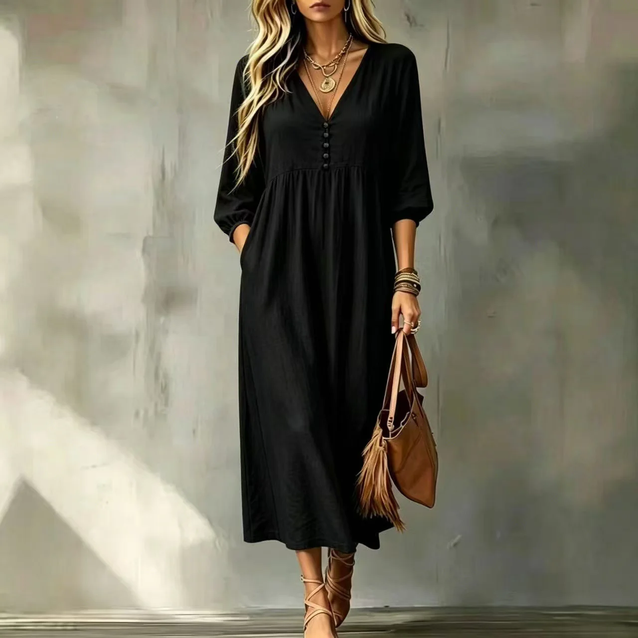 Women's V-neck Button Down Casual Dress - Elegant Daily Wear Short Sleeve Midi Dress for Office Party