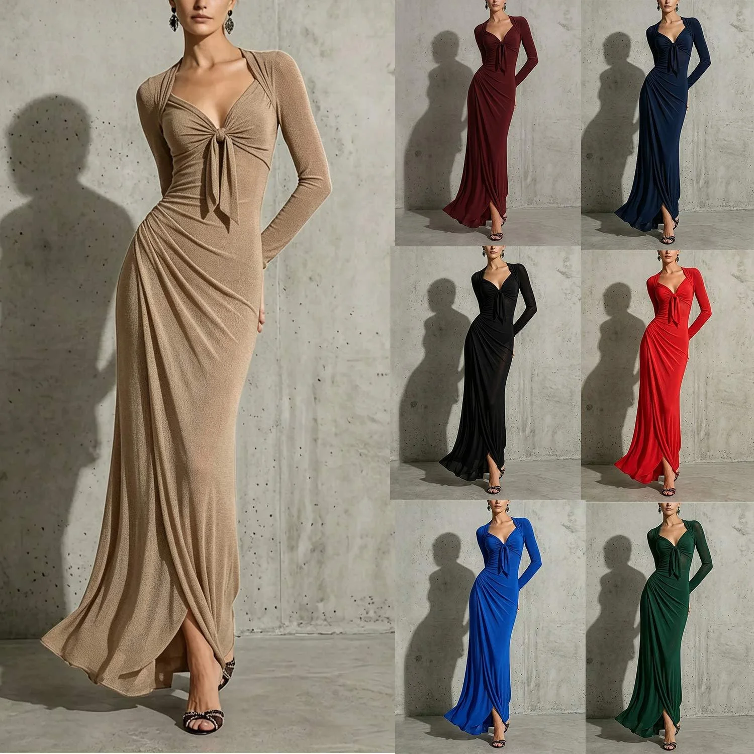 Womens V-neck Draped Maxi Dress