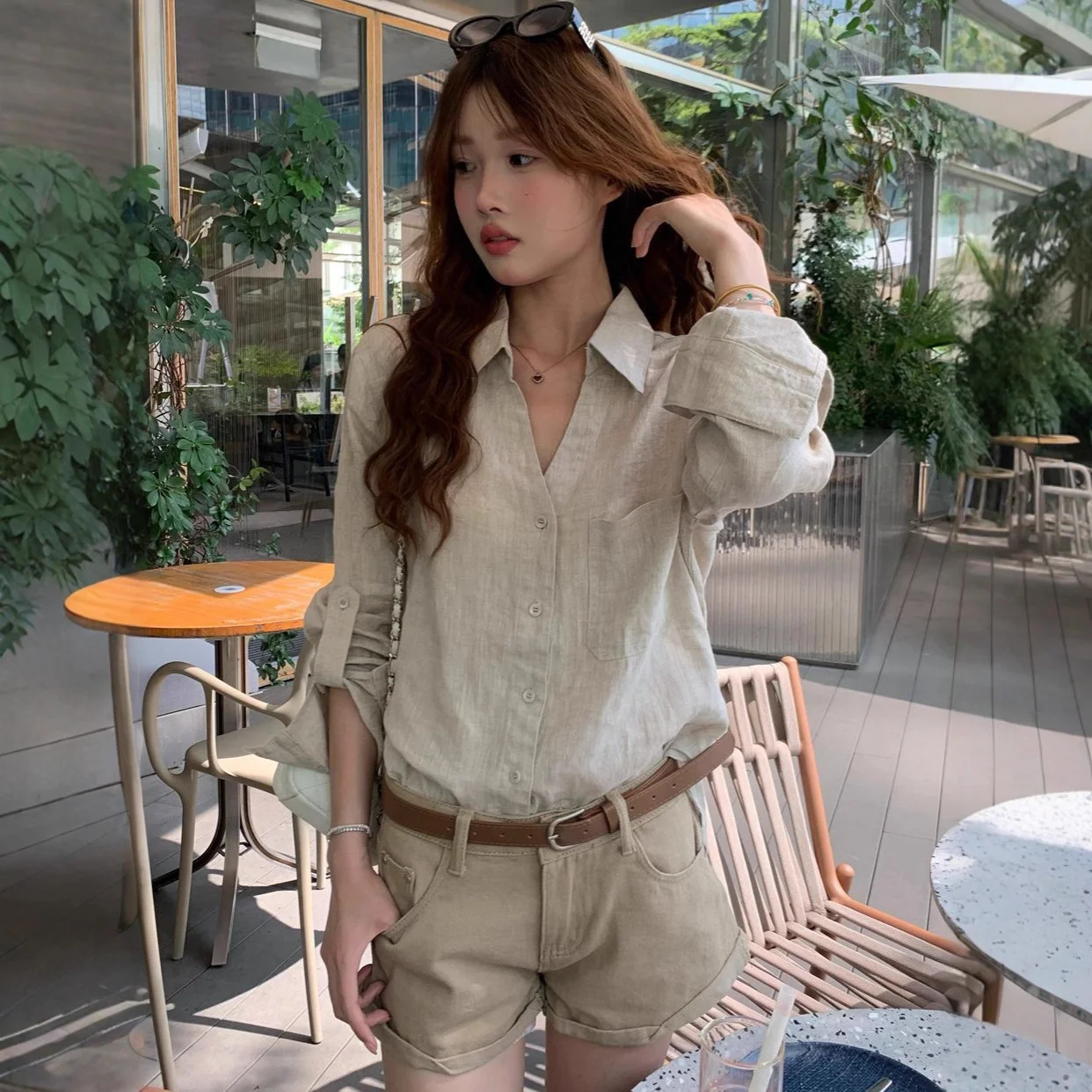 Women's V-neck Linen Casual Long-sleeve Sun Protection Top