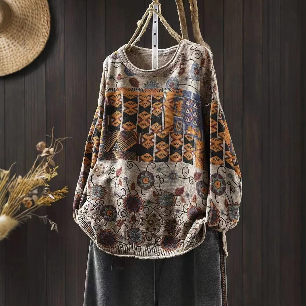 Women's Vintage Printed Cotton Knitted Sweater Round Neck