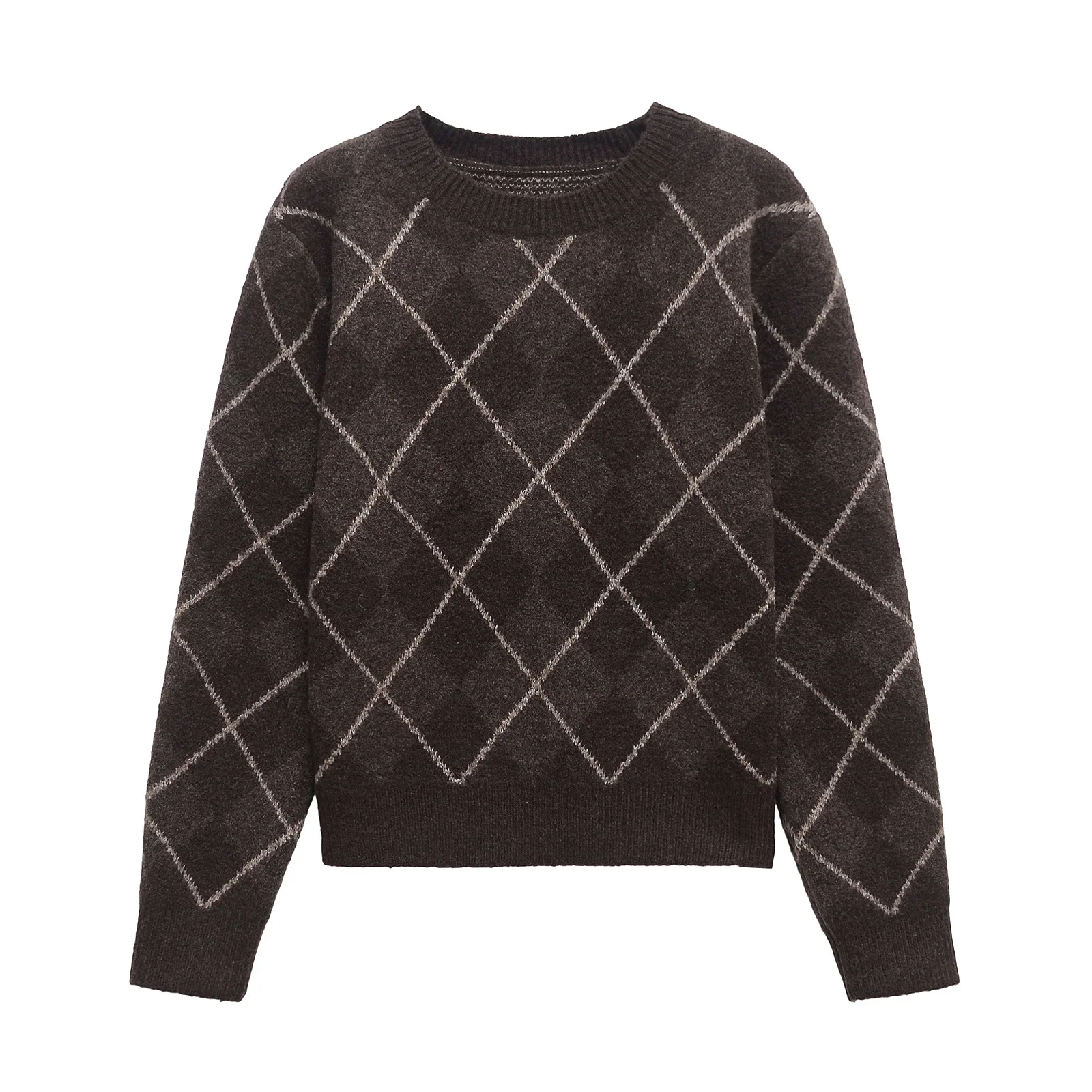Womens Winter Crew-neck Coffee-colored Diamond-plaid Textured Long-sleeve Sweater