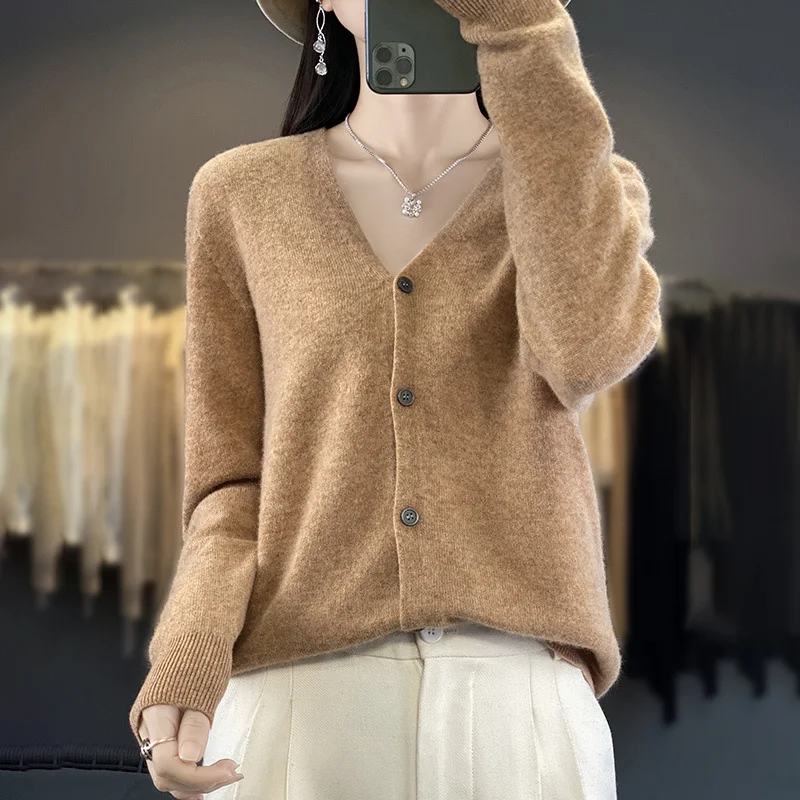 Womens Wool Cardigan Long-sleeve V-neck Sweater Coat